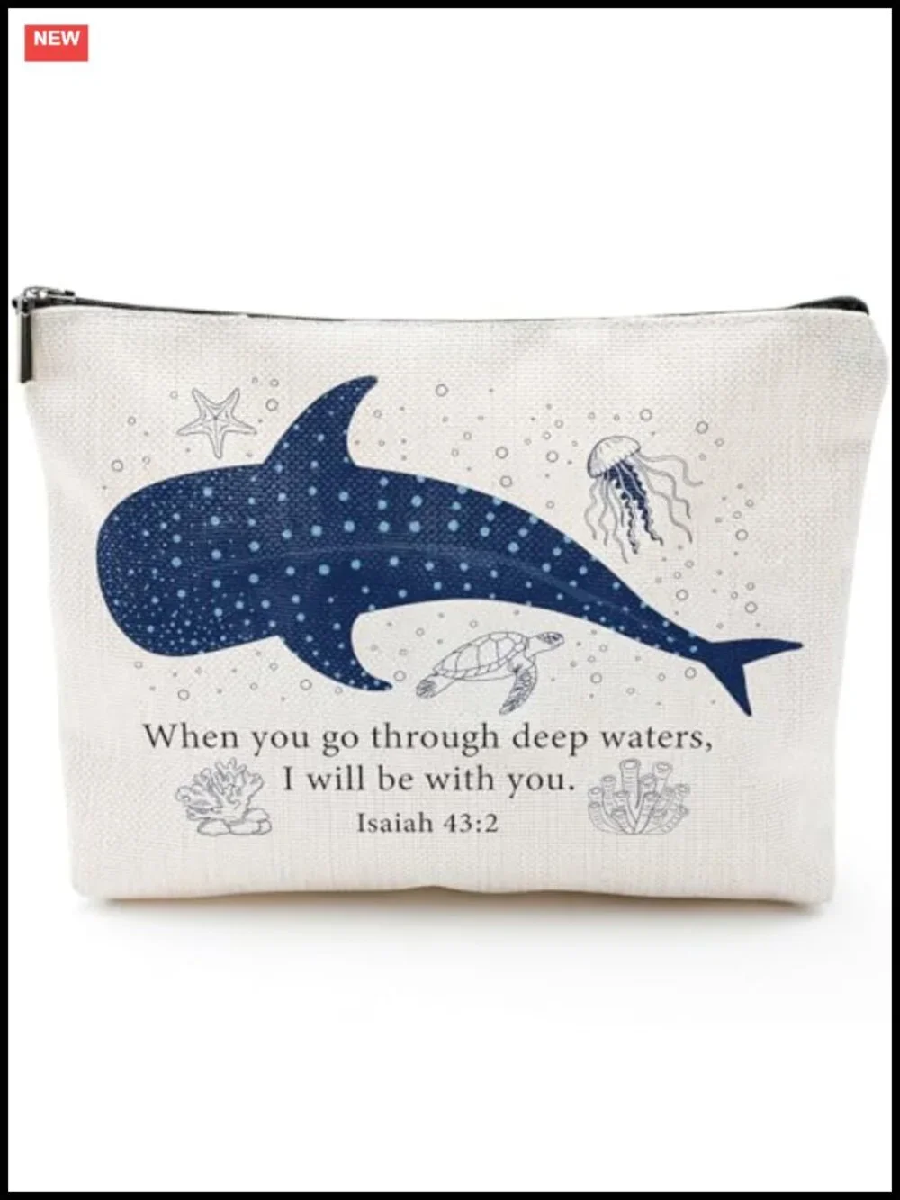 Cotton Makeup Bag with Bible Verse, Whale Shark Print, Travel Cosmetic Pouch
